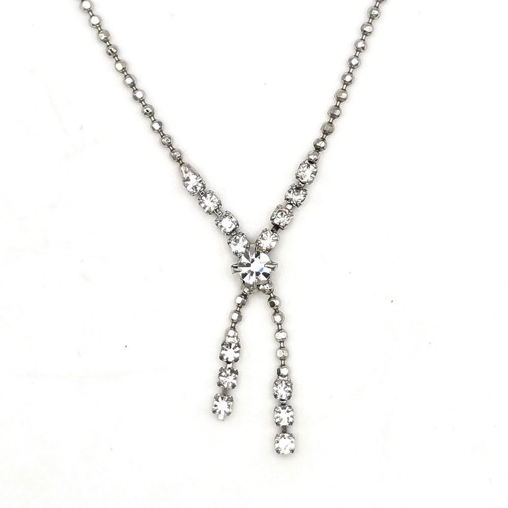 Vintage 1990s‎ Korea Rhinestone Y Necklace Silver Tone Ball Chain Spring Clasp